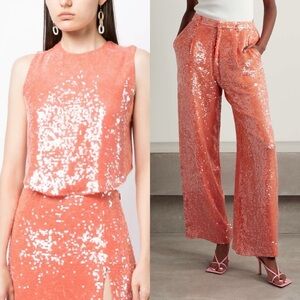 SALLY LAPOINTE Sequin Embellished Top Pants FULL SET in Coral Sz 12 US